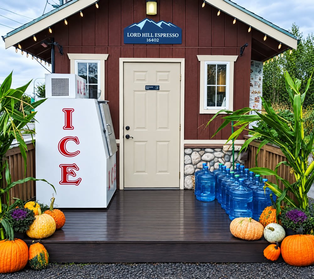The front porch of the stand with pumpkins, the ice machine and the Lord Hill Espresso sign